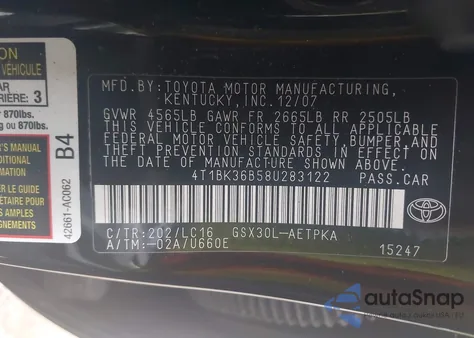 2008 Toyota Avalon Xl/Xls/Touring/Limited из США, поврежденный, VIN 4T1BK36B58U283122